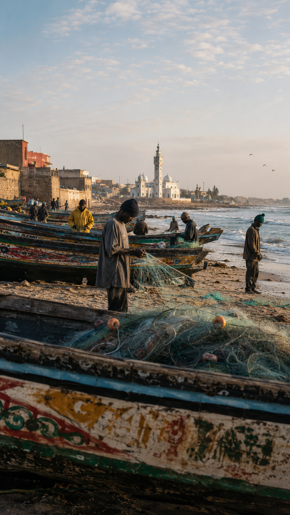 Pêcheurs et pirogues sur la côte de Dakar au lever du jour