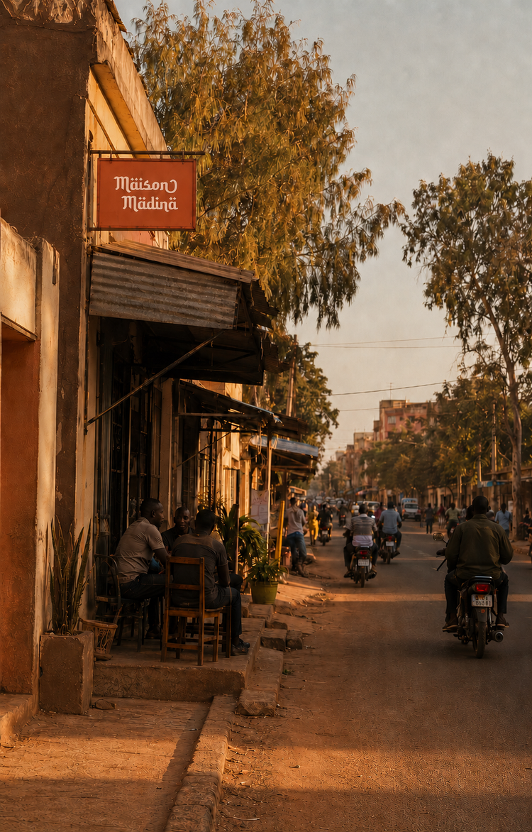 Enseigne Maison Madina intégrée dans une rue de Bamako