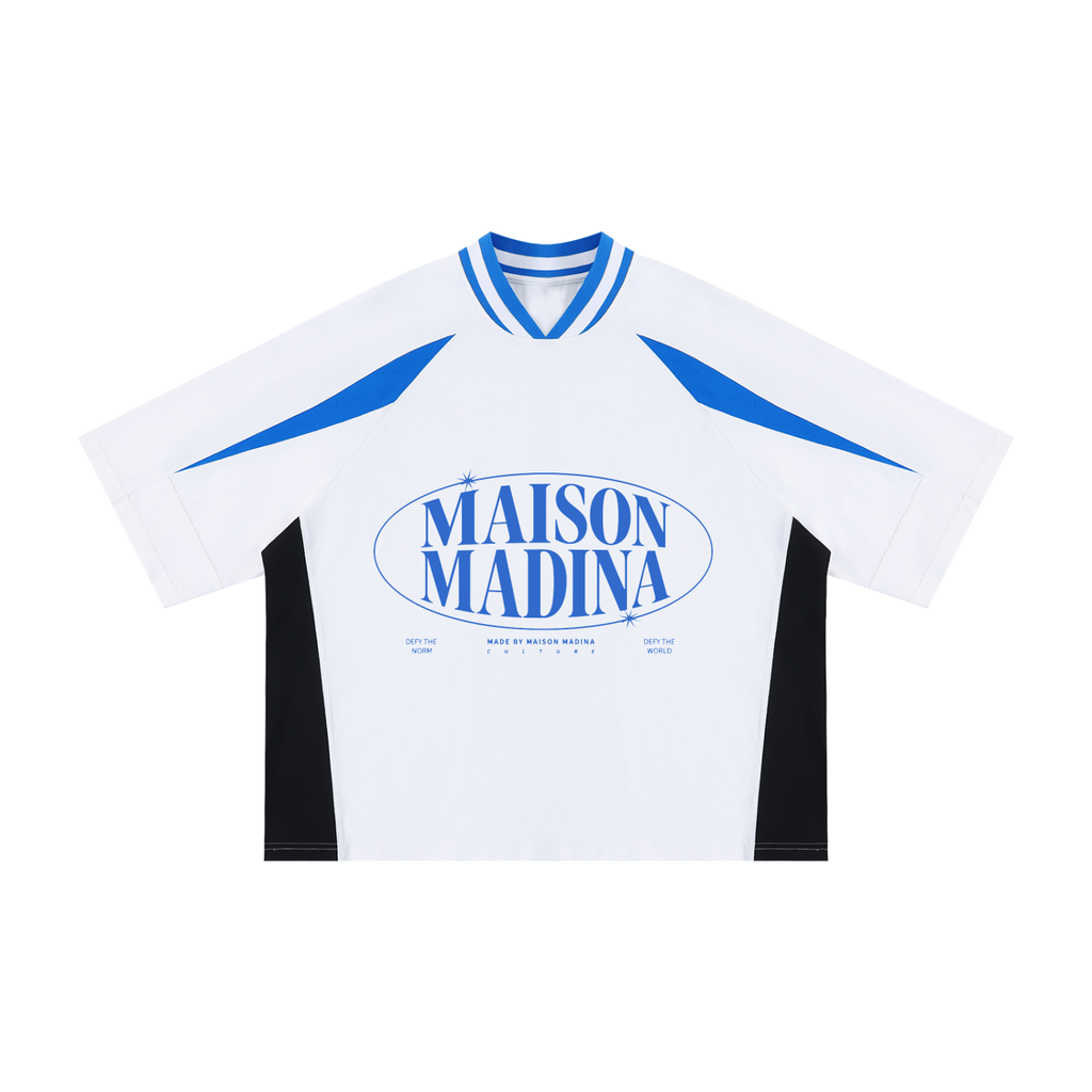 MM - White Unisex Oversized Color Block V-Neck T-Shirt