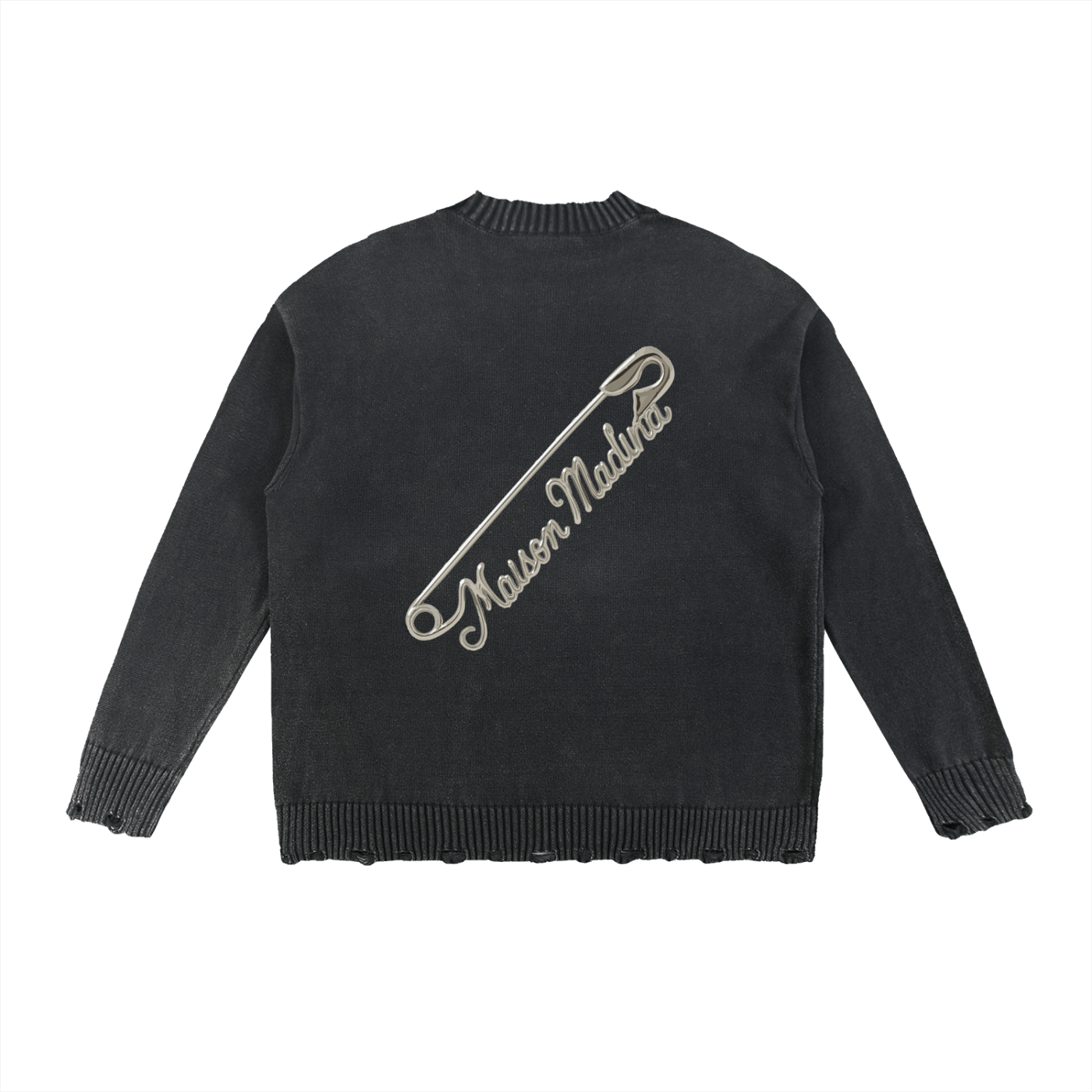 Pull Vintage Délavé à Bords Effilochés – Édition Épingle au Dos
