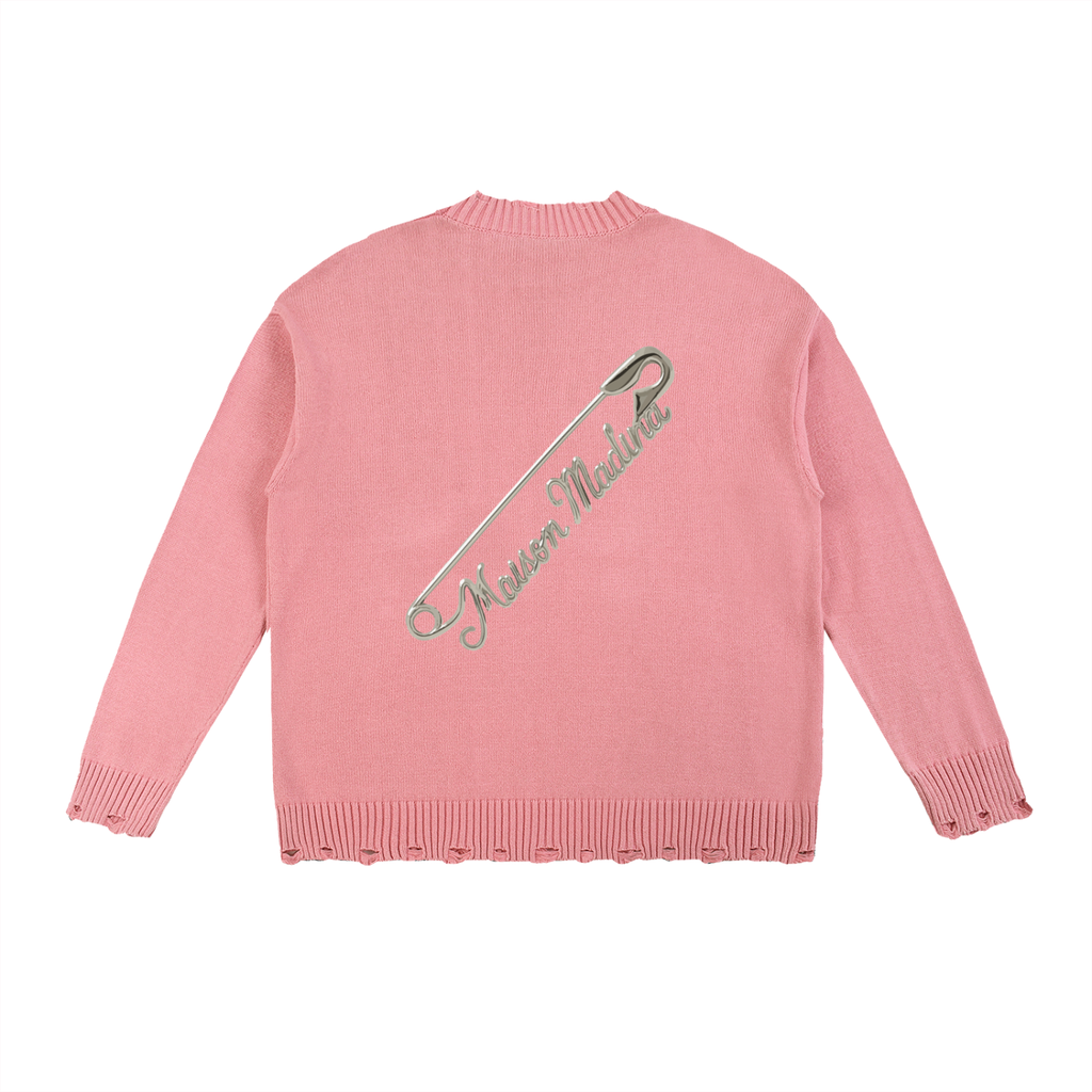 Pull Vintage Délavé à Bords Effilochés – Édition Épingle au Dos