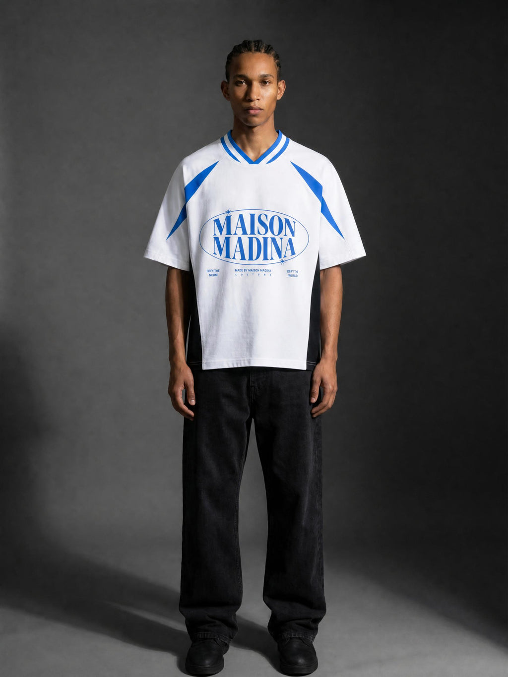 MM - White Unisex Oversized Color Block V-Neck T-Shirt