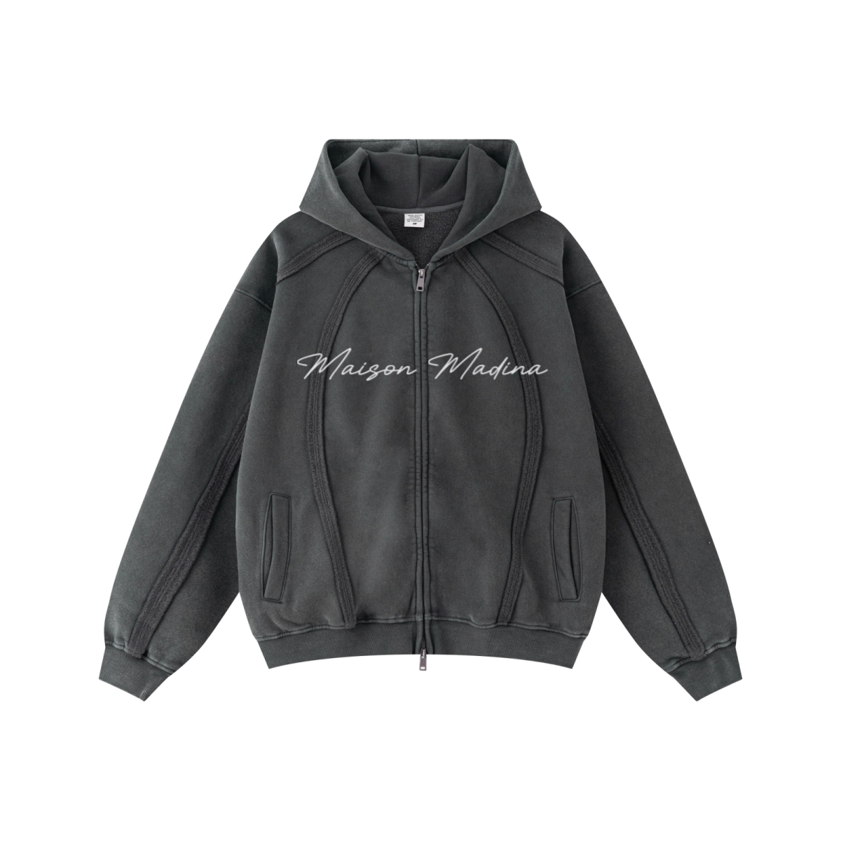 360GSM Men’s Structured Panel Raw-Edge Fleece-Lined Distressed Snow-Wash Zip-Up Hoodie Dark Grey