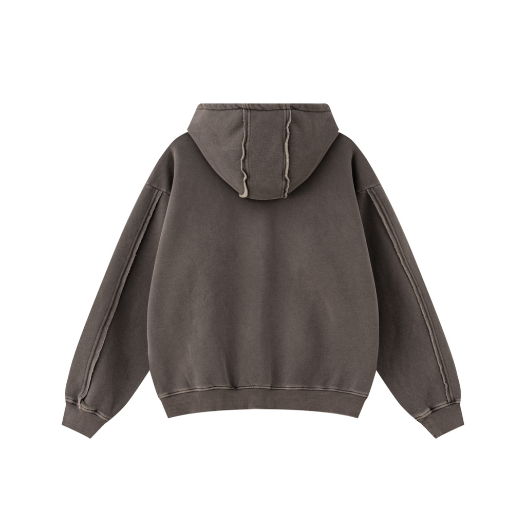 400GSM Men’s Raw-Edge Panelled Double-Zip Pigment-Wash Hooded Sweatshirt Coffee Brown