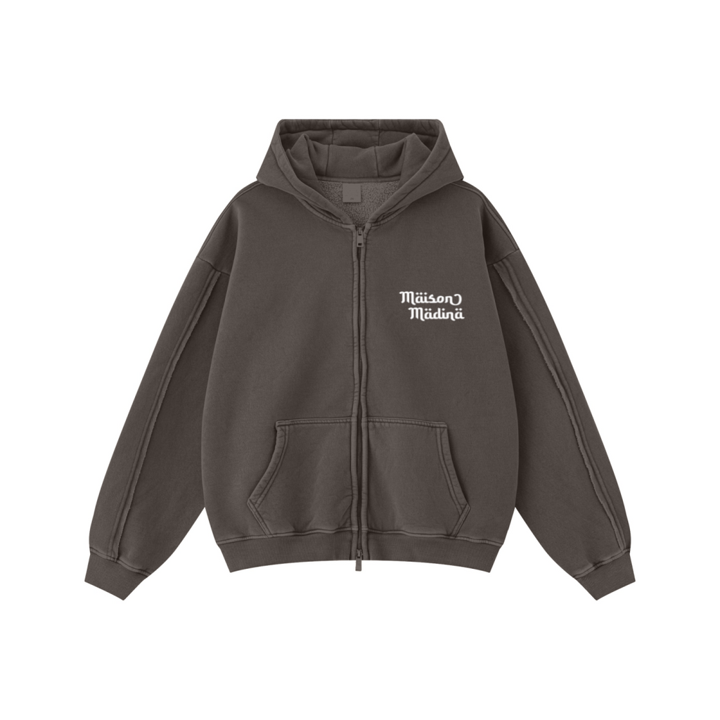 400GSM Men’s Raw-Edge Panelled Double-Zip Pigment-Wash Hooded Sweatshirt Coffee Brown