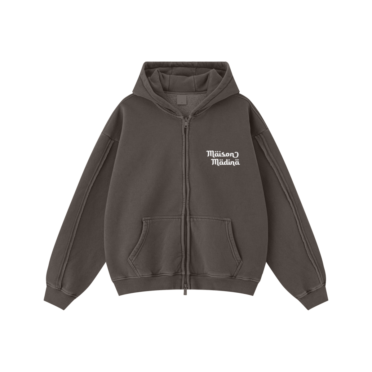 400GSM Men’s Raw-Edge Panelled Double-Zip Pigment-Wash Hooded Sweatshirt Coffee Brown