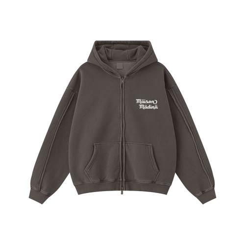 400GSM Men’s Raw-Edge Panelled Double-Zip Pigment-Wash Hooded Sweatshirt Coffee Brown