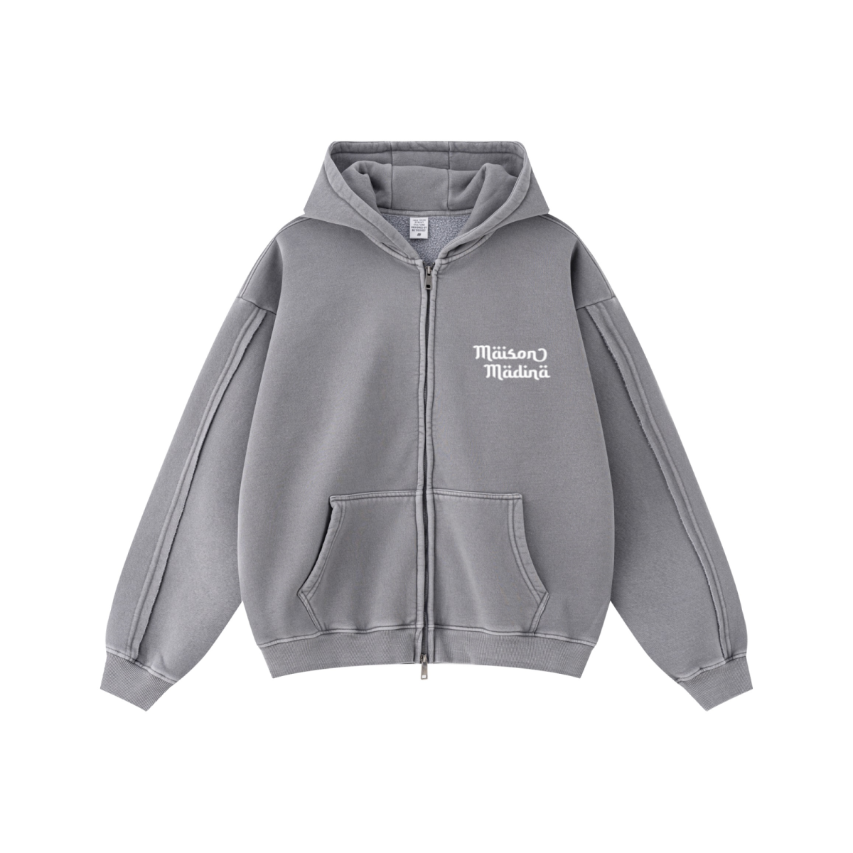 400GSM Men’s Raw-Edge Panelled Double-Zip Pigment-Wash Hooded Sweatshirt Medium Grey