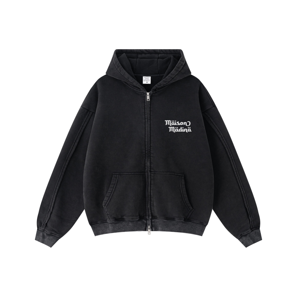 400GSM Men’s Raw-Edge Panelled Double-Zip Pigment-Wash Hooded Sweatshirt Snowflake Grey