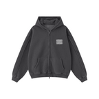 400GSM Men’s Raw-Edge Panelled Double-Zip Pigment-Wash Hooded Sweatshirt Dark Grey