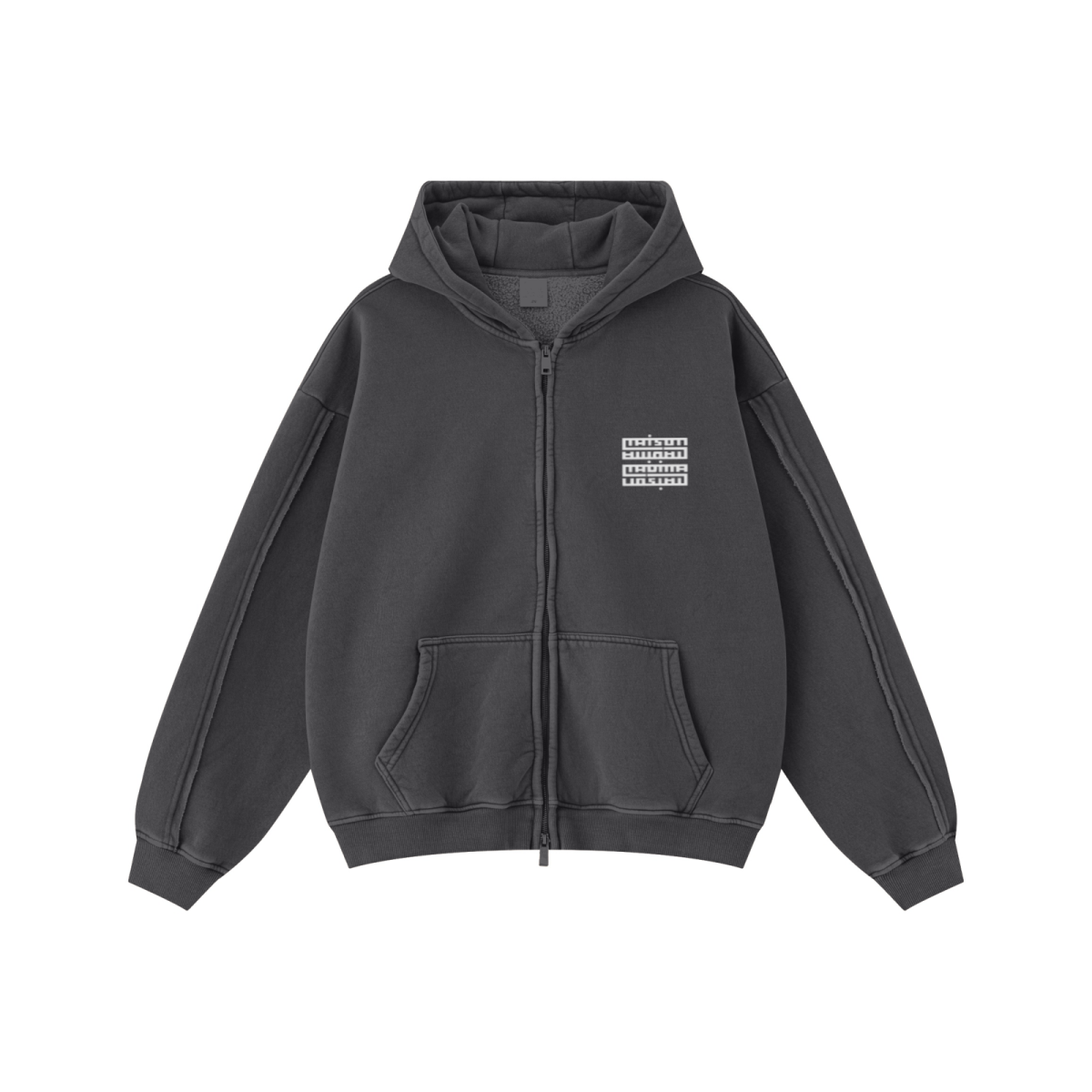 400GSM Men’s Raw-Edge Panelled Double-Zip Pigment-Wash Hooded Sweatshirt Dark Grey