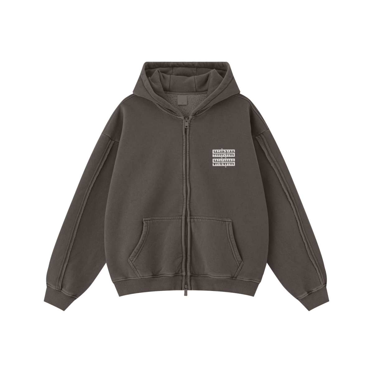 400GSM Men’s Raw-Edge Panelled Double-Zip Pigment-Wash Hooded Sweatshirt Coffee Brown