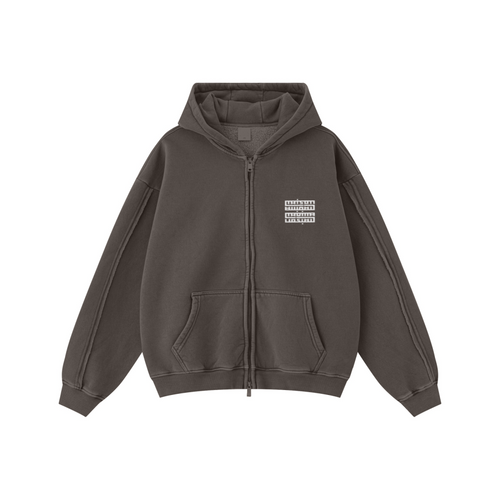 400GSM Men’s Raw-Edge Panelled Double-Zip Pigment-Wash Hooded Sweatshirt Coffee Brown